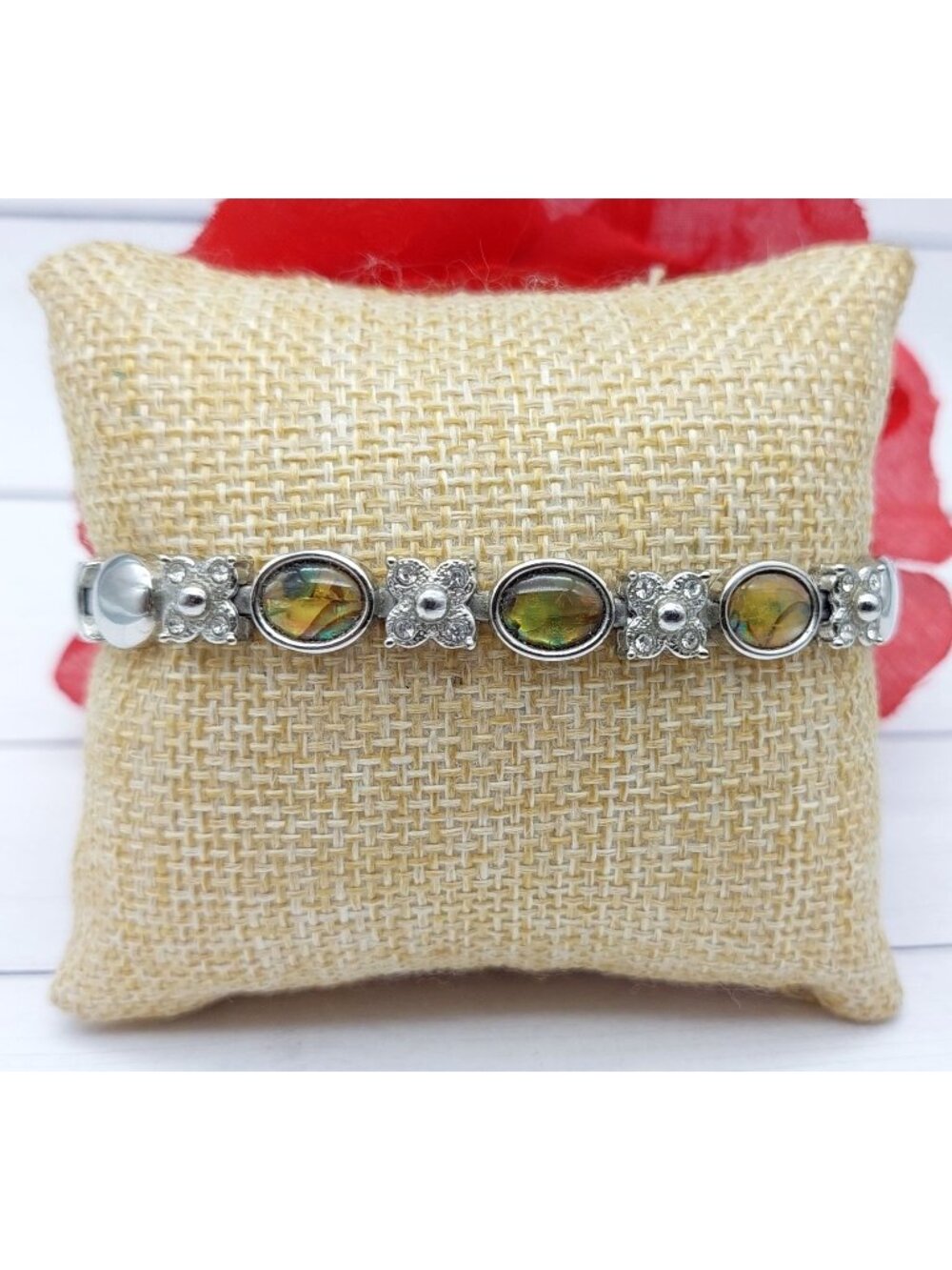 Faux Ammolite Bracelet Silver Tone Rhinestone Oval Link Iridescent 7.5"